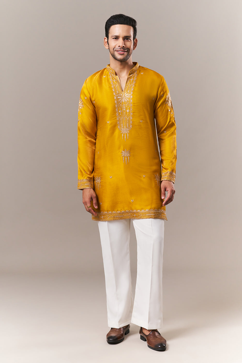 Mustard Satin Mens Kurta Set with Dori and Sequins Work