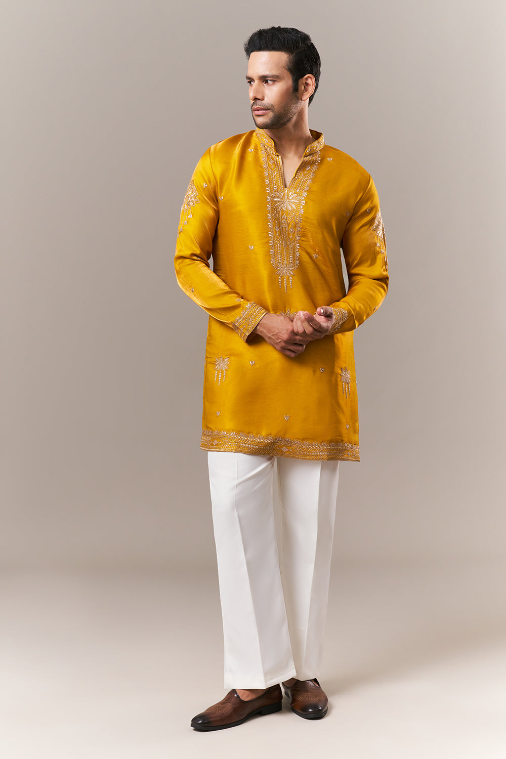 Mustard Satin Mens Kurta Set with Dori and Sequins Work
