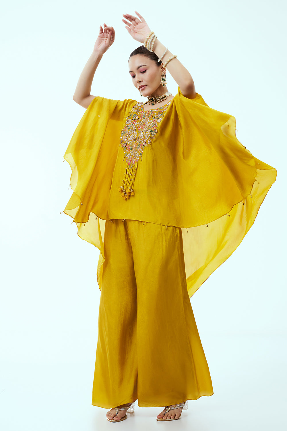 Mustard Satin Silk Palazzo Set with Zari and Sequins Work