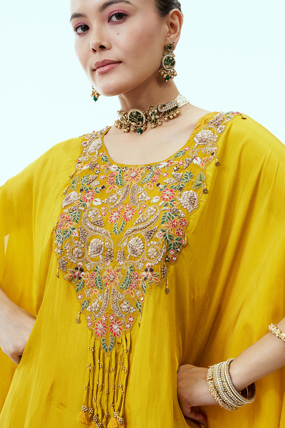 Mustard Satin Silk Palazzo Set with Zari and Sequins Work