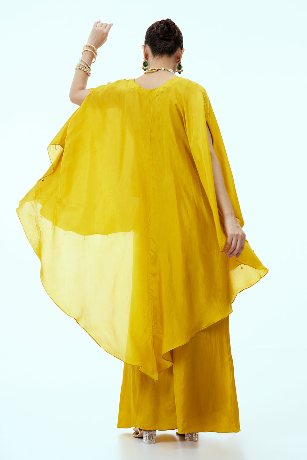 Mustard Satin Silk Palazzo Set with Zari and Sequins Work