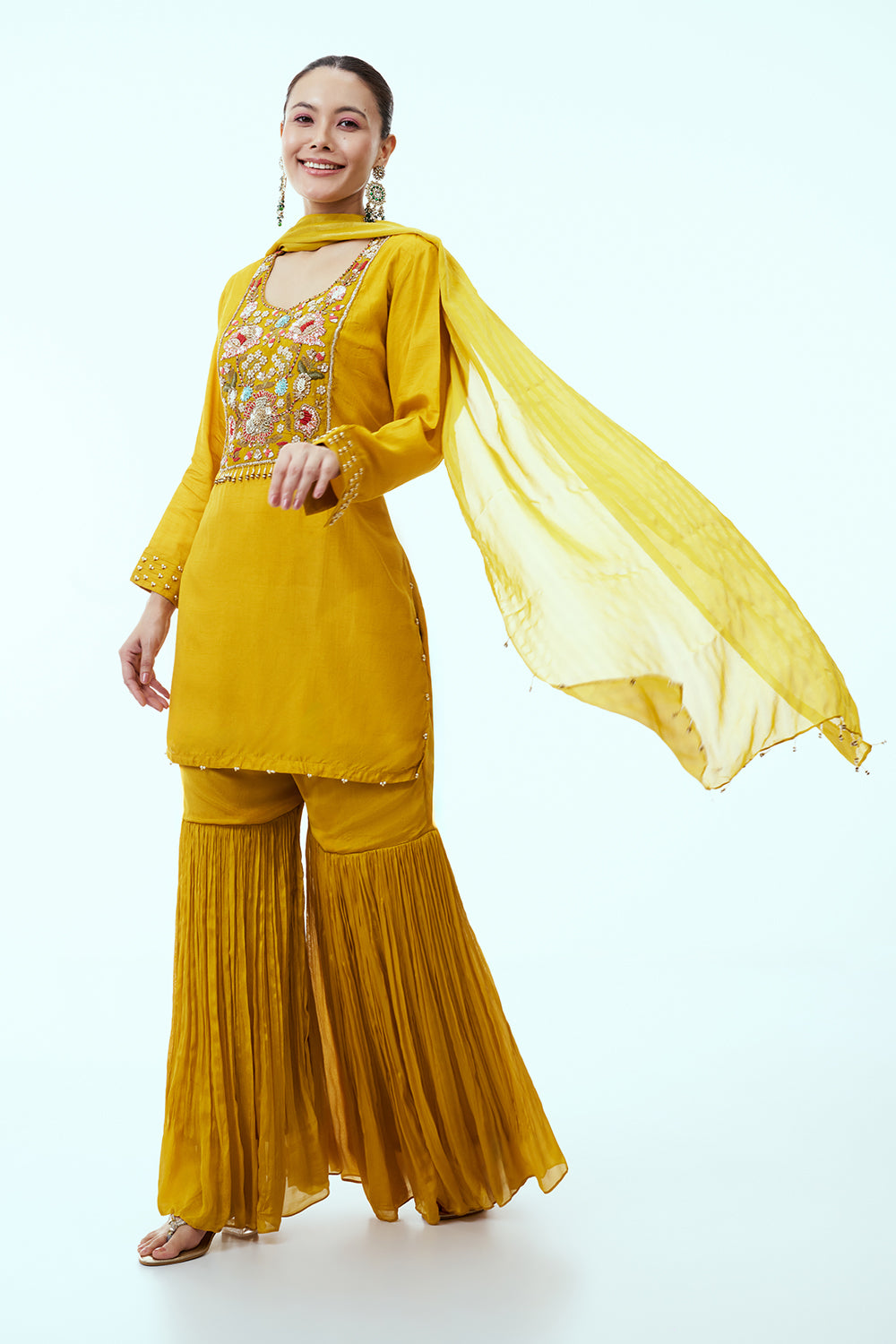Mustard Sharara Suit with Colourful Zari and Sequin Embroidery