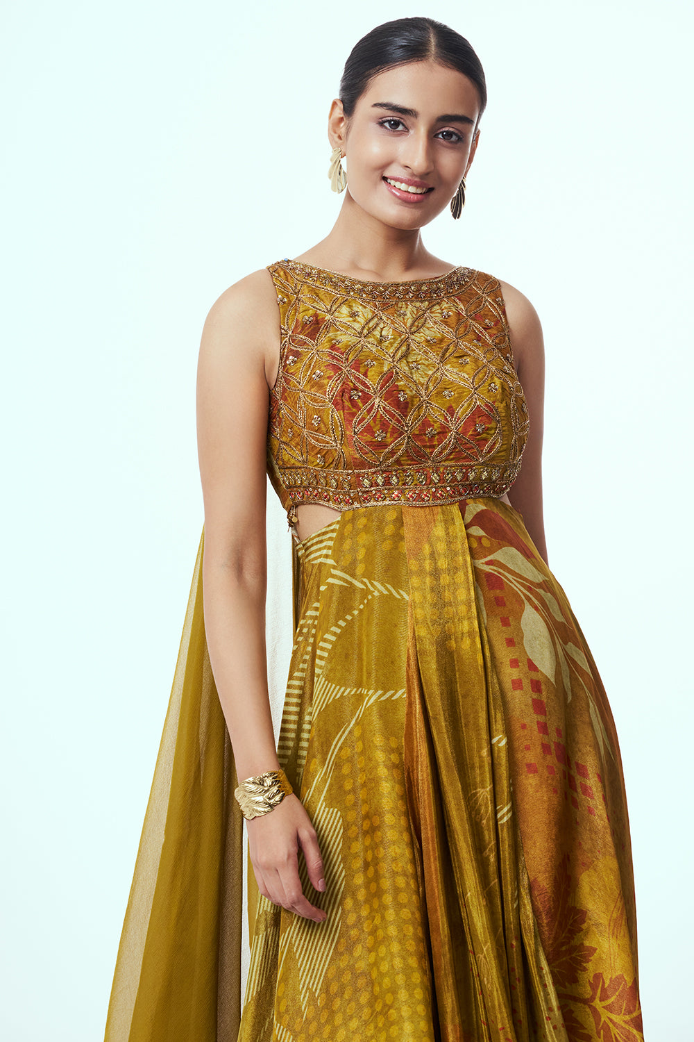 Mustard Shimmer Indo Western with Zardozi Work