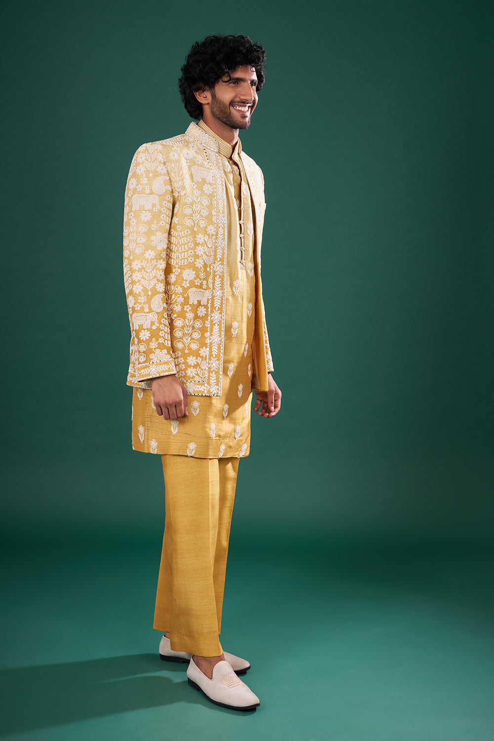 Mustard Silk Jacket Set with Resham Embroidery