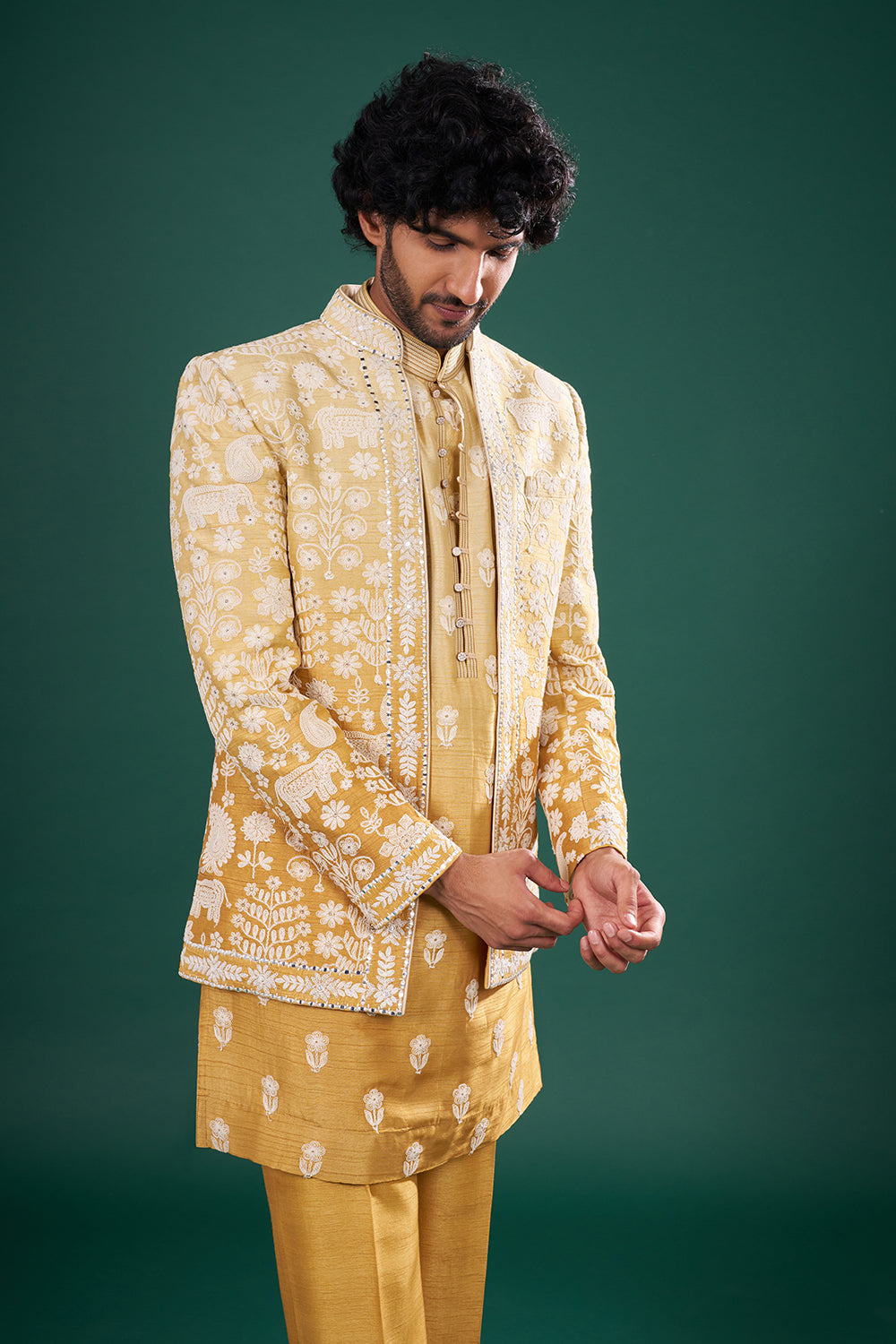Mustard Silk Jacket Set with Resham Embroidery