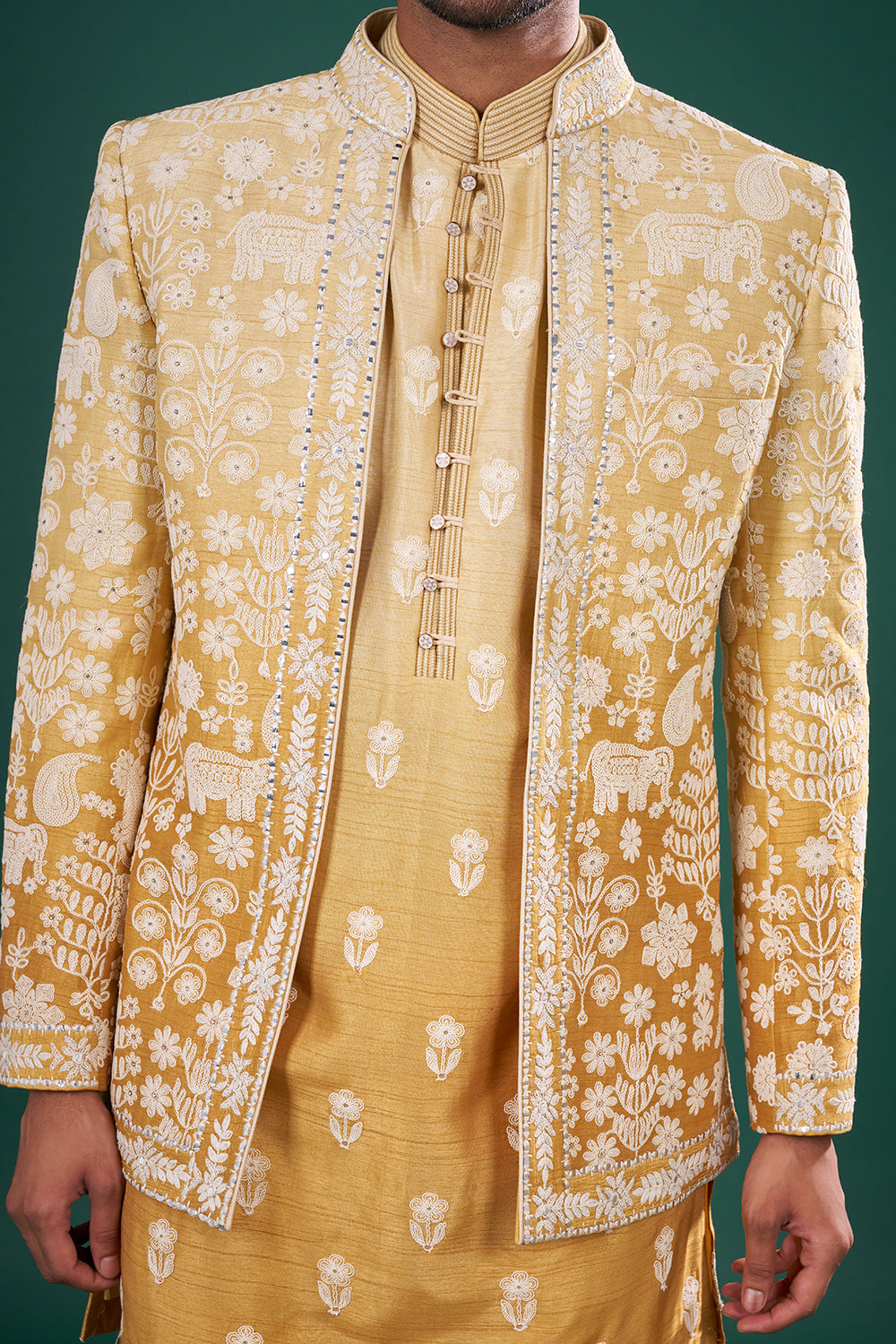 Mustard Silk Jacket Set with Resham Embroidery