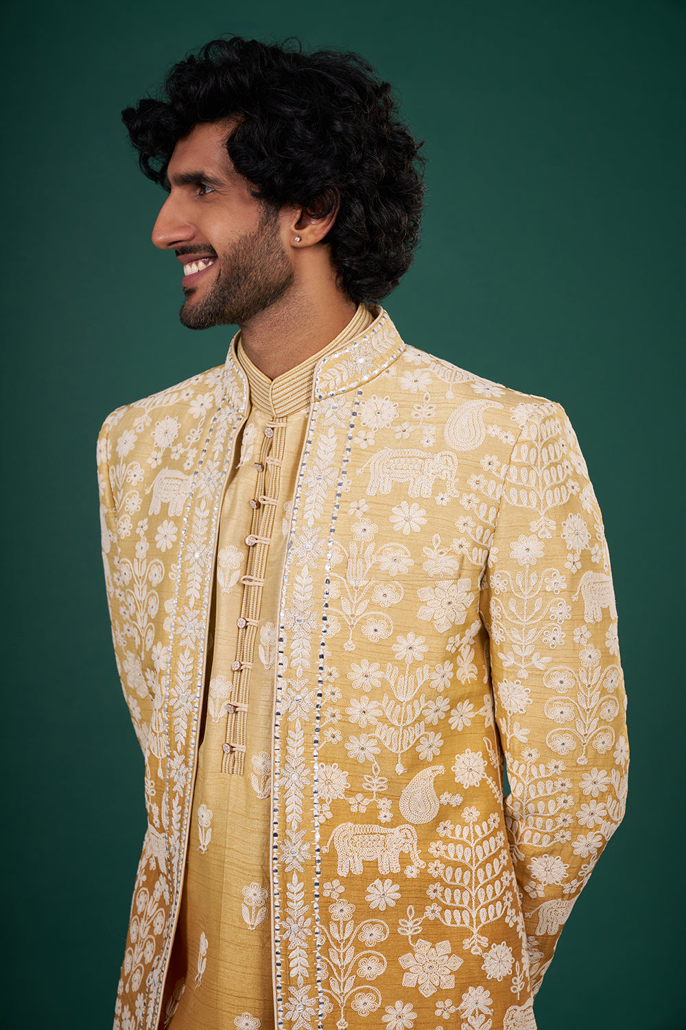 Mustard Silk Jacket Set with Resham Embroidery