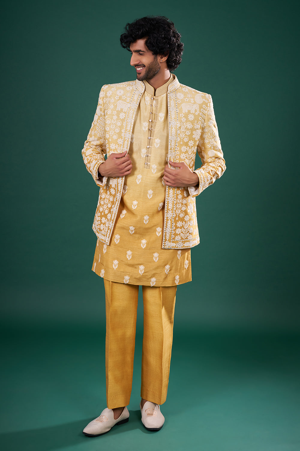 Mustard Silk Jacket Set with Resham Embroidery