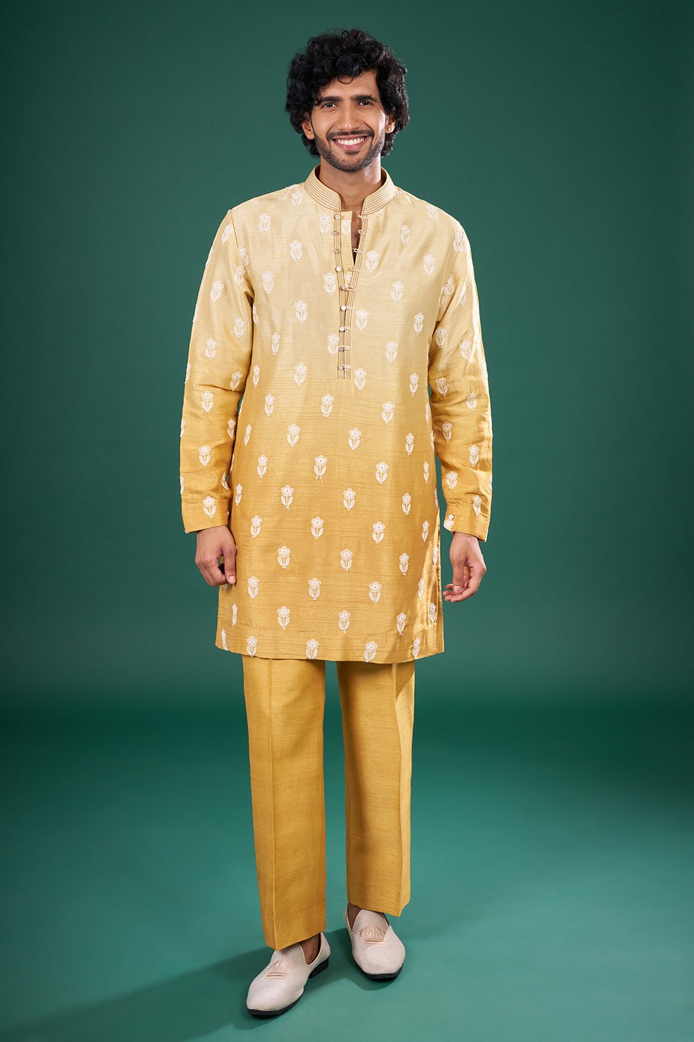 Mustard Silk Jacket Set with Resham Embroidery