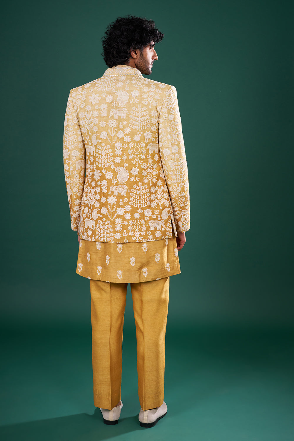 Mustard Silk Jacket Set with Resham Embroidery