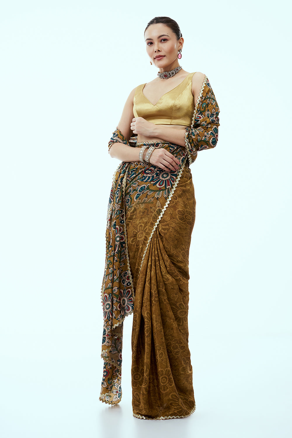 Mustard Silk Print Saree with Mirror Border and Unstitched Blouse