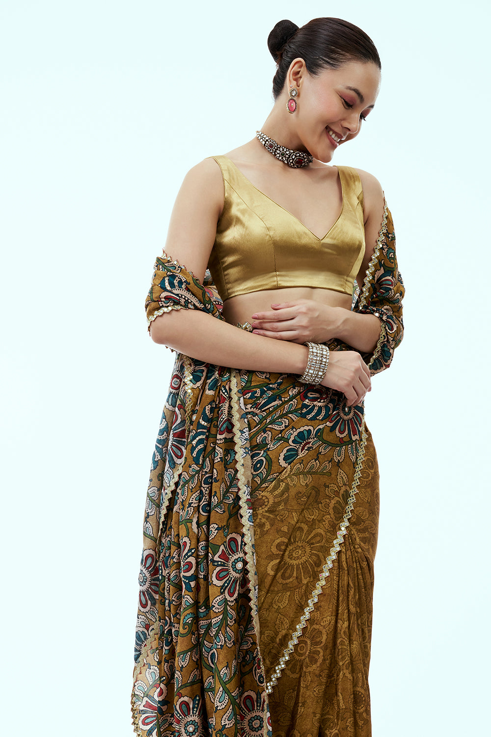Mustard Silk Print Saree with Mirror Border and Unstitched Blouse