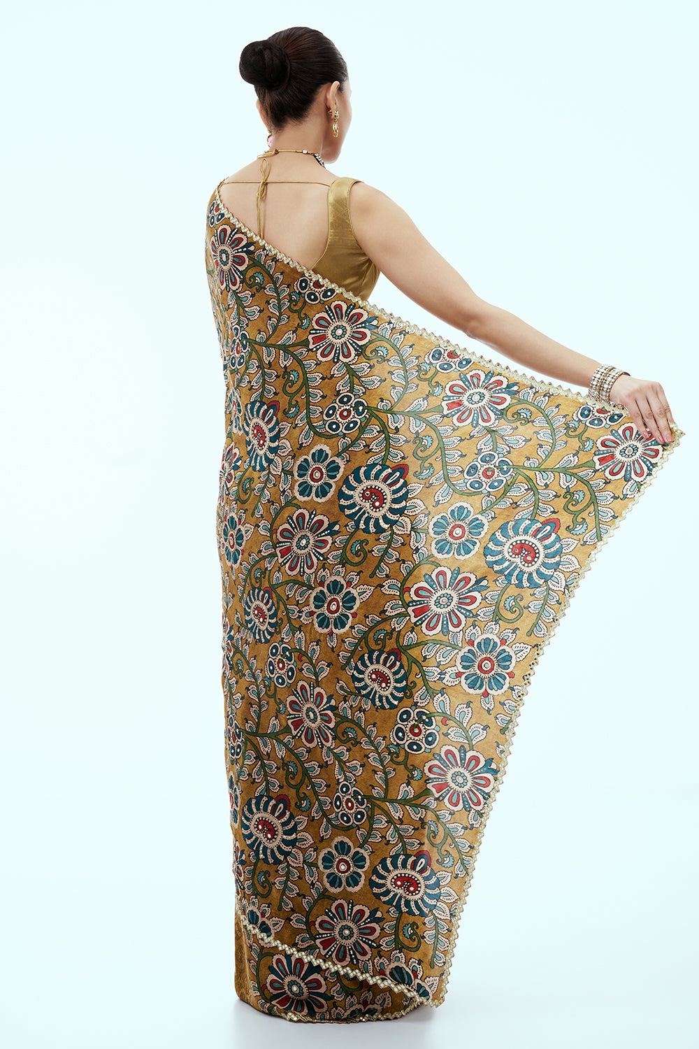 Mustard Silk Print Saree with Mirror Border and Unstitched Blouse