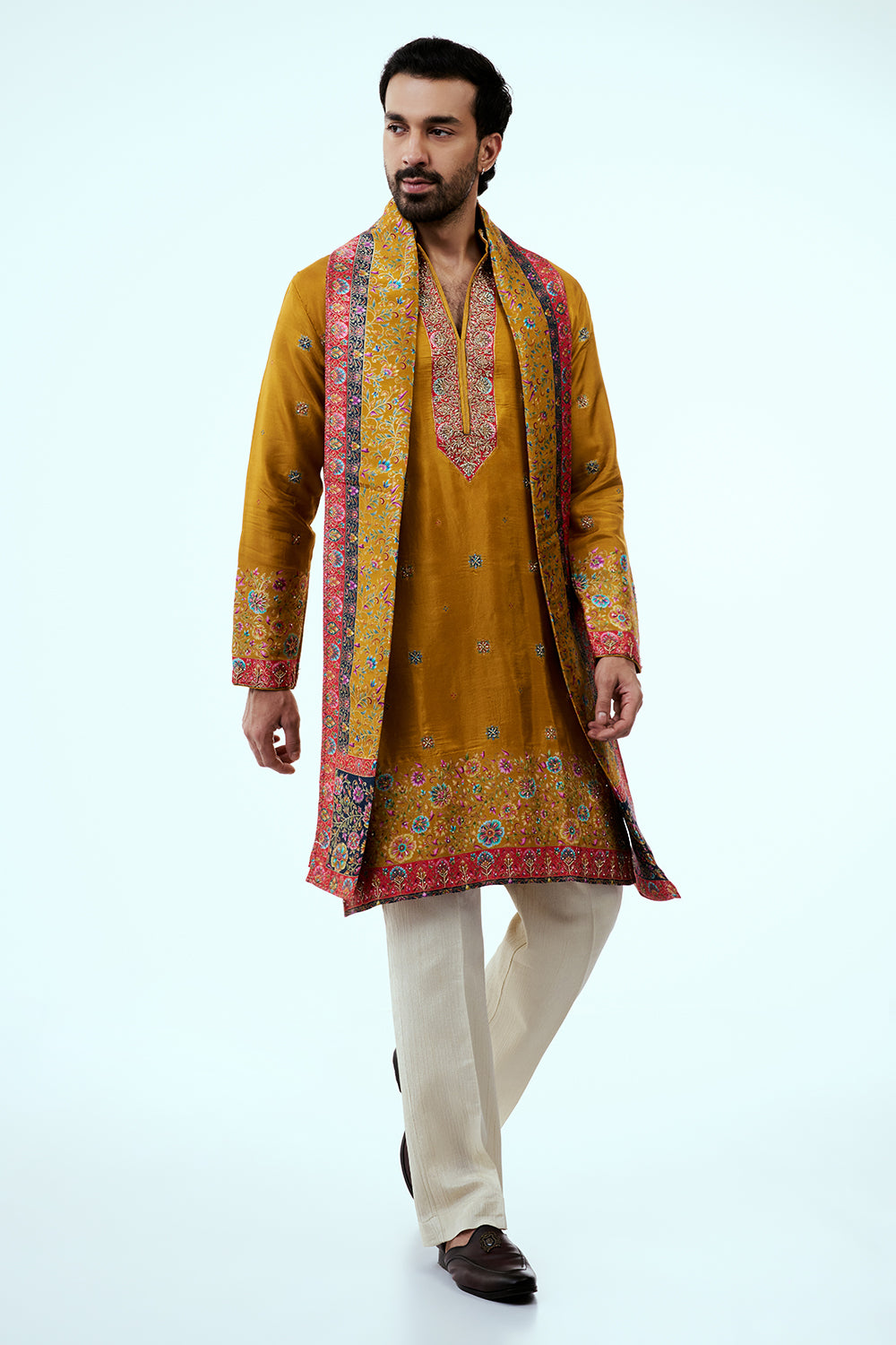 Mustard Tissue Mens Kurta Set in Resham Work with Printed Dupatta