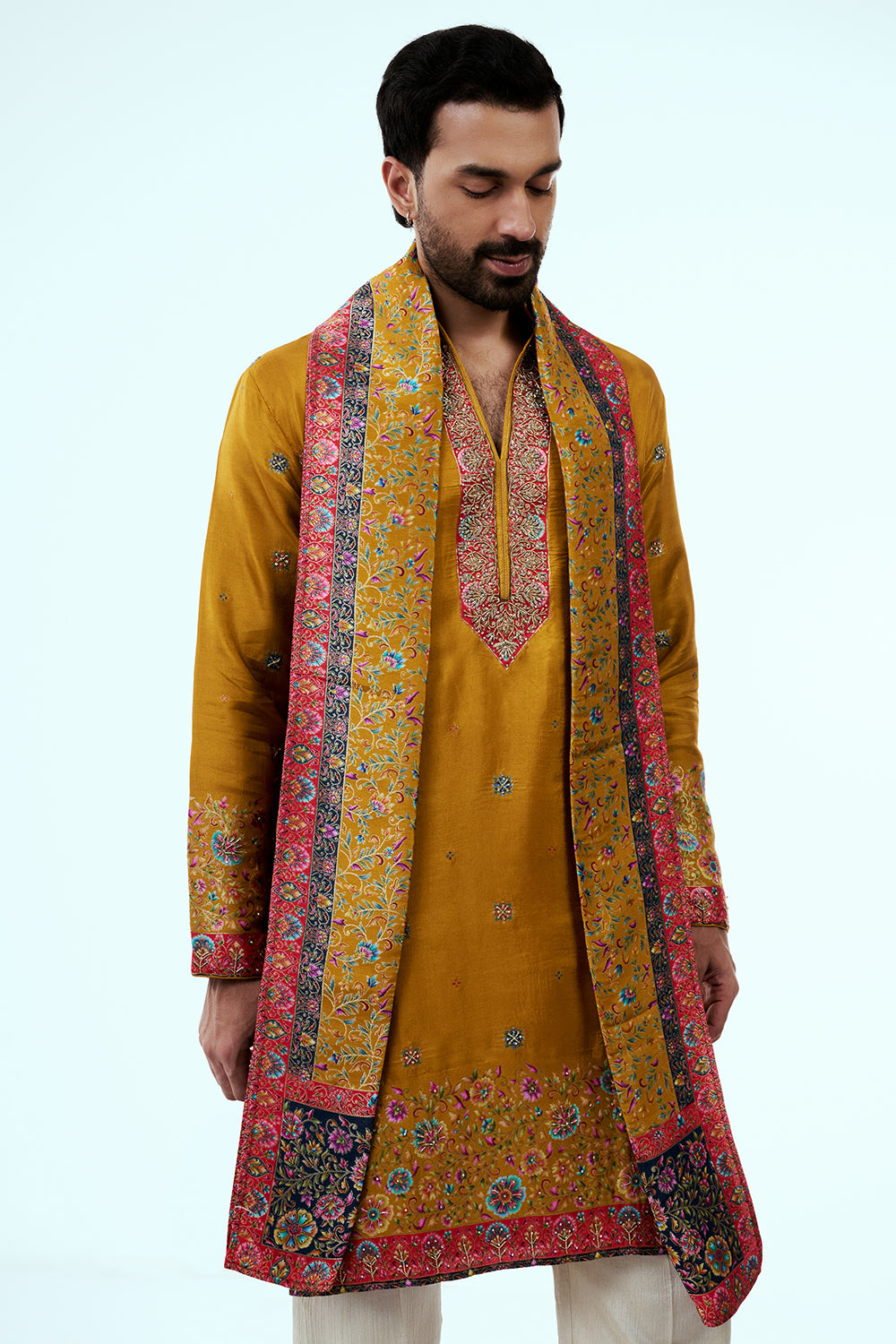 Mustard Tissue Mens Kurta Set in Resham Work with Printed Dupatta