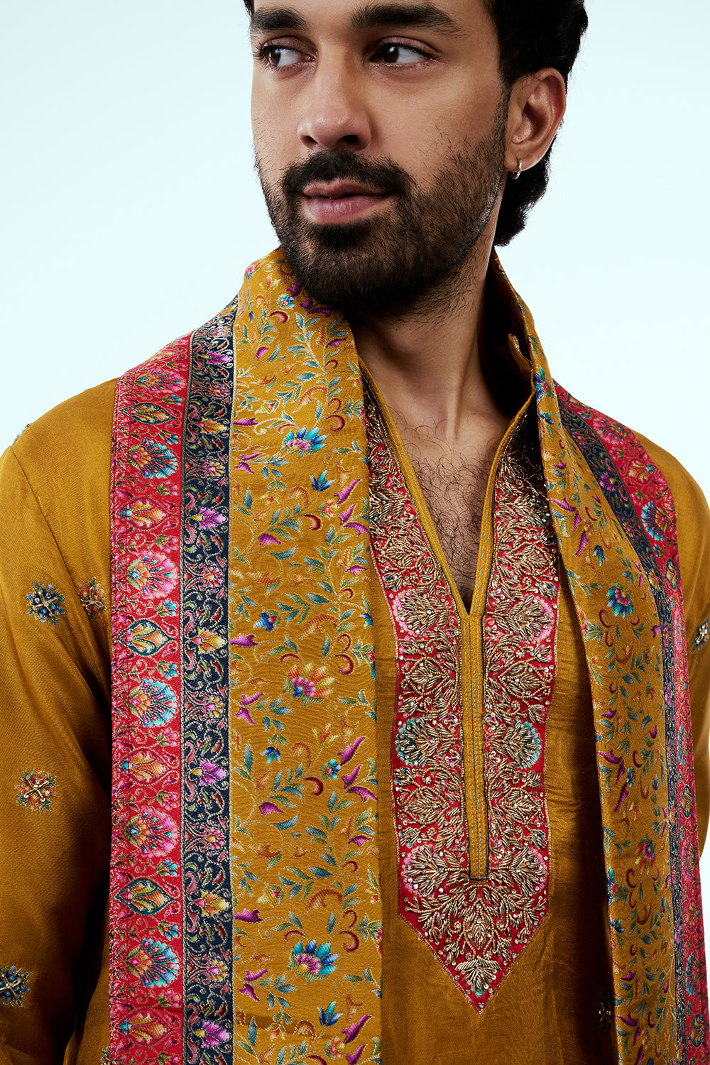 Mustard Tissue Mens Kurta Set in Resham Work with Printed Dupatta