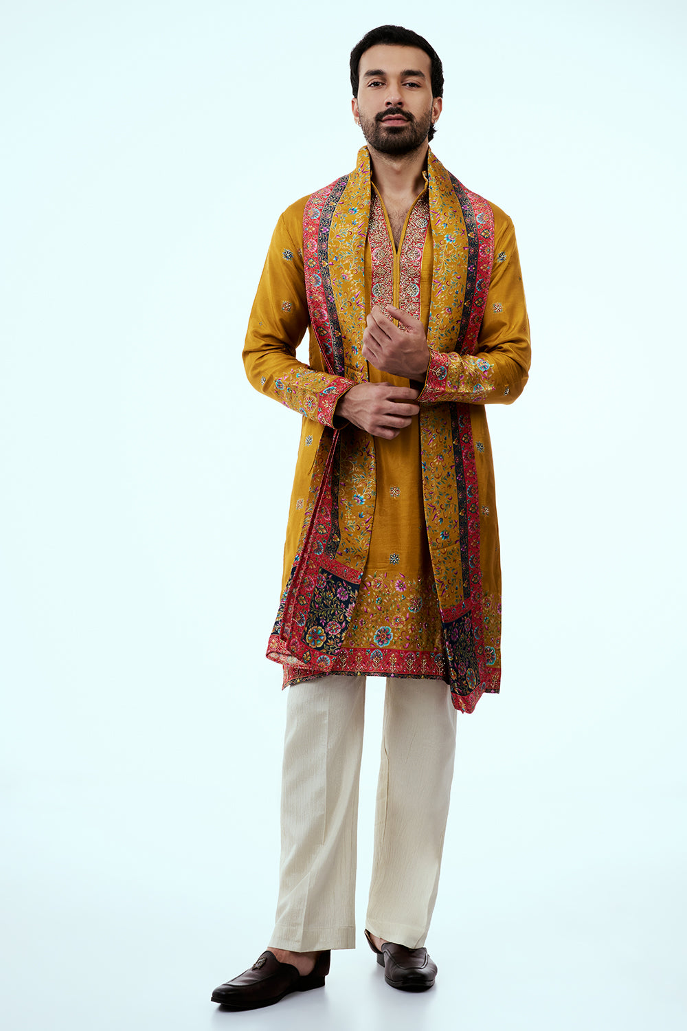Mustard Tissue Mens Kurta Set in Resham Work with Printed Dupatta