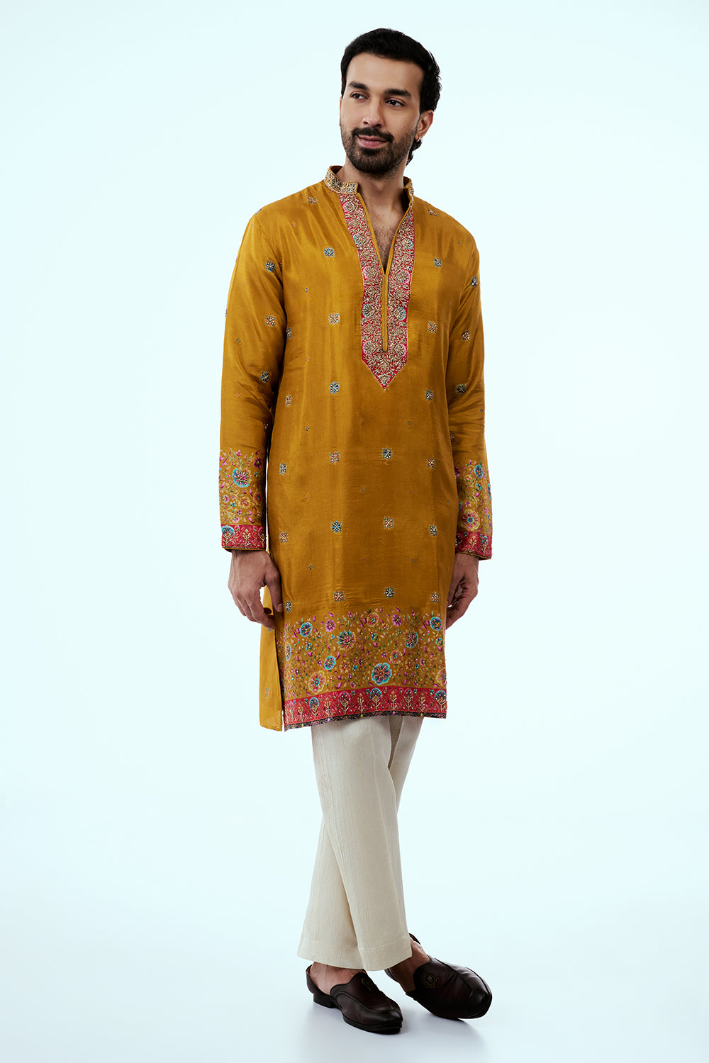 Mustard Tissue Mens Kurta Set in Resham Work with Printed Dupatta