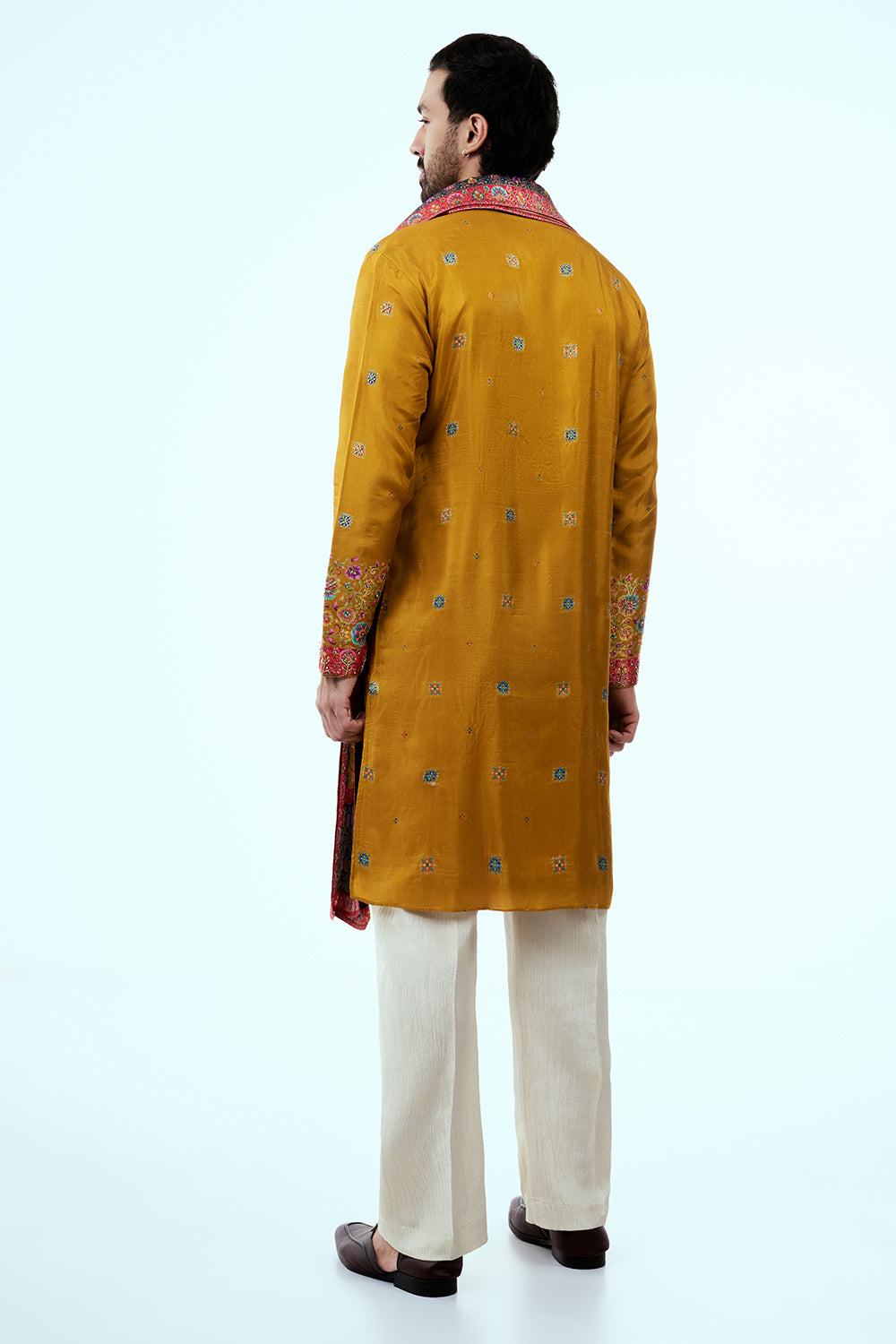 Mustard Tissue Mens Kurta Set in Resham Work with Printed Dupatta