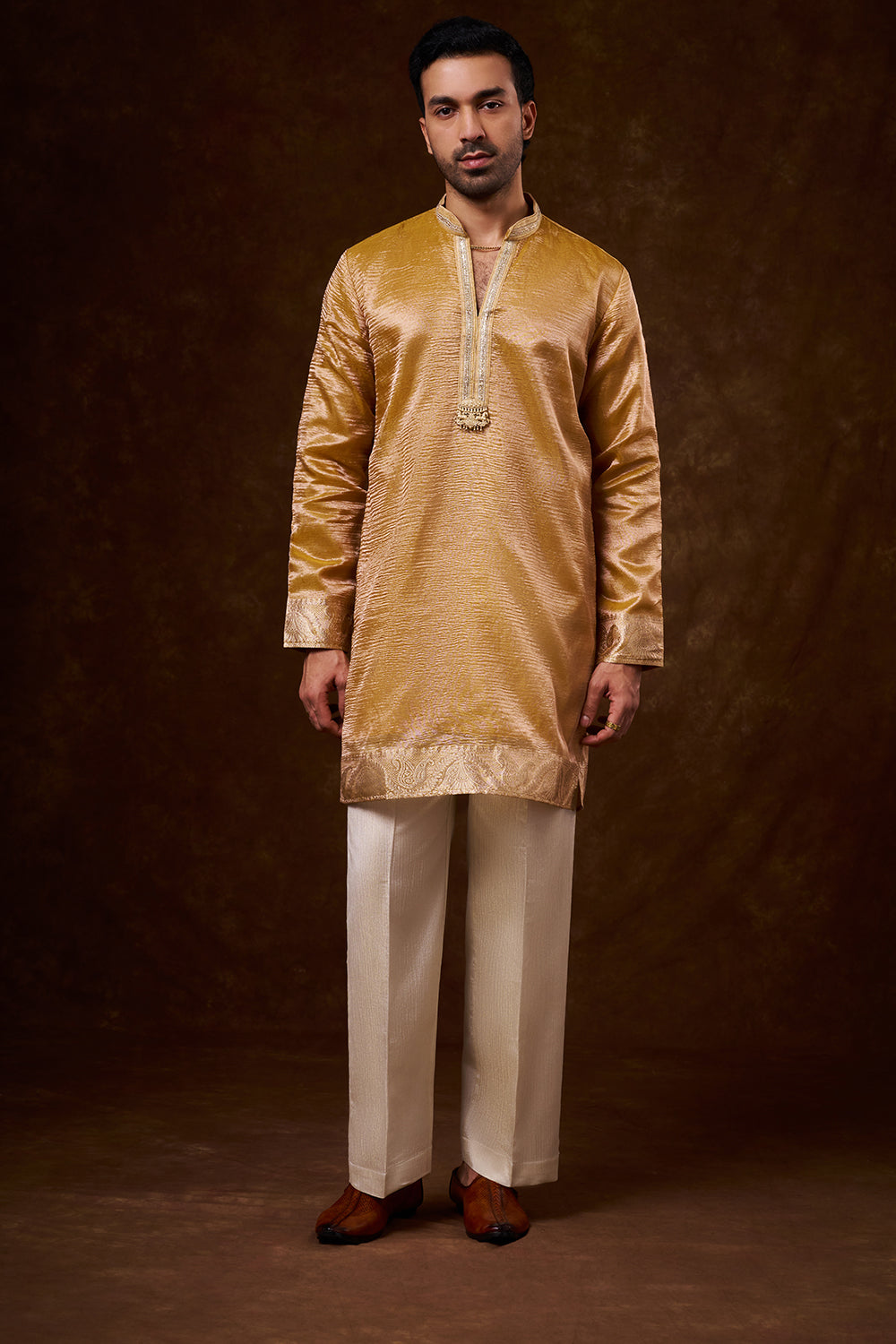Mustard Tissue Silk Men's Kurta Set with Lace Detailing