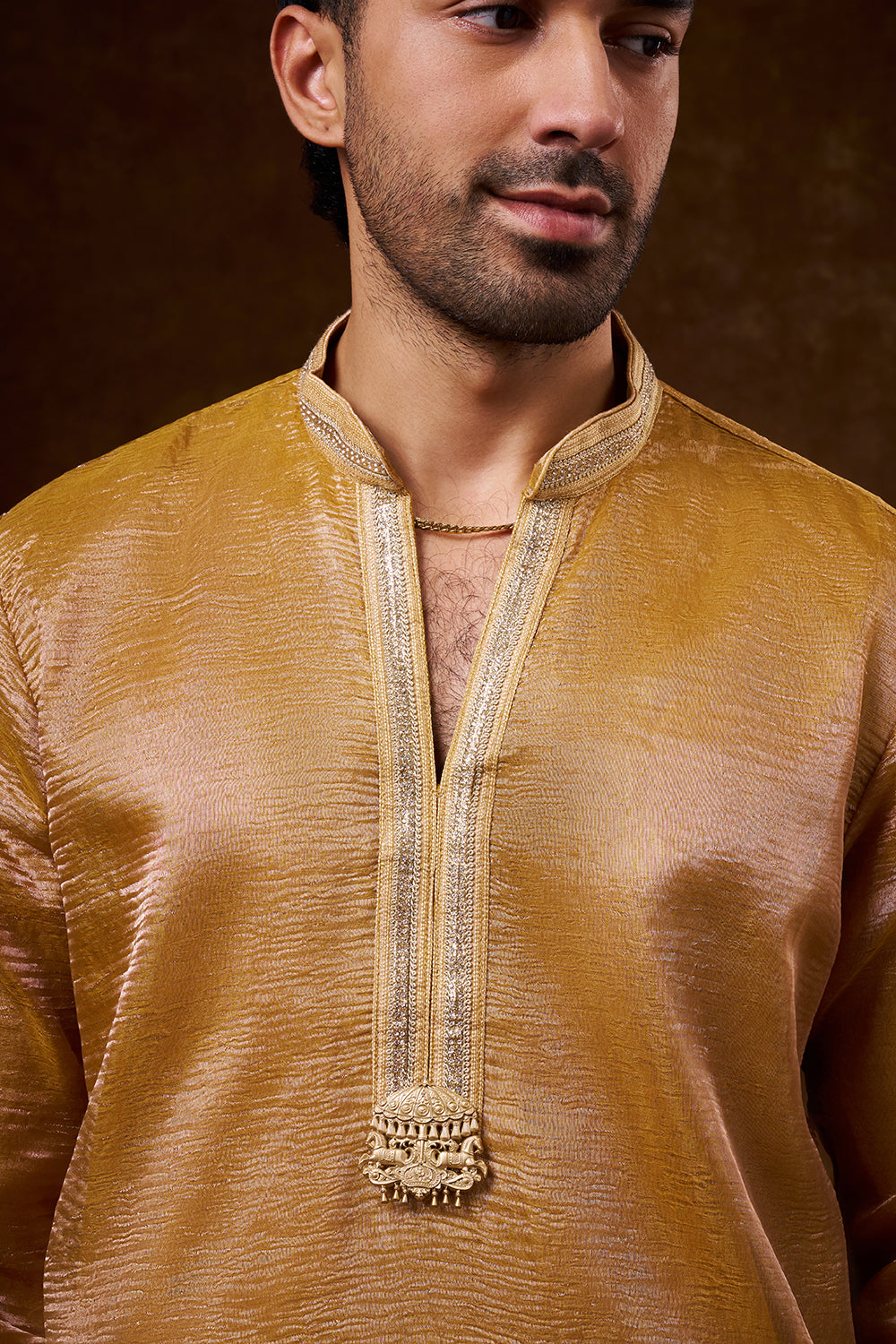 Mustard Tissue Silk Men's Kurta Set with Lace Detailing