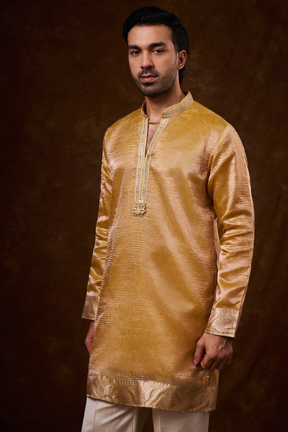 Mustard Tissue Silk Men's Kurta Set with Lace Detailing