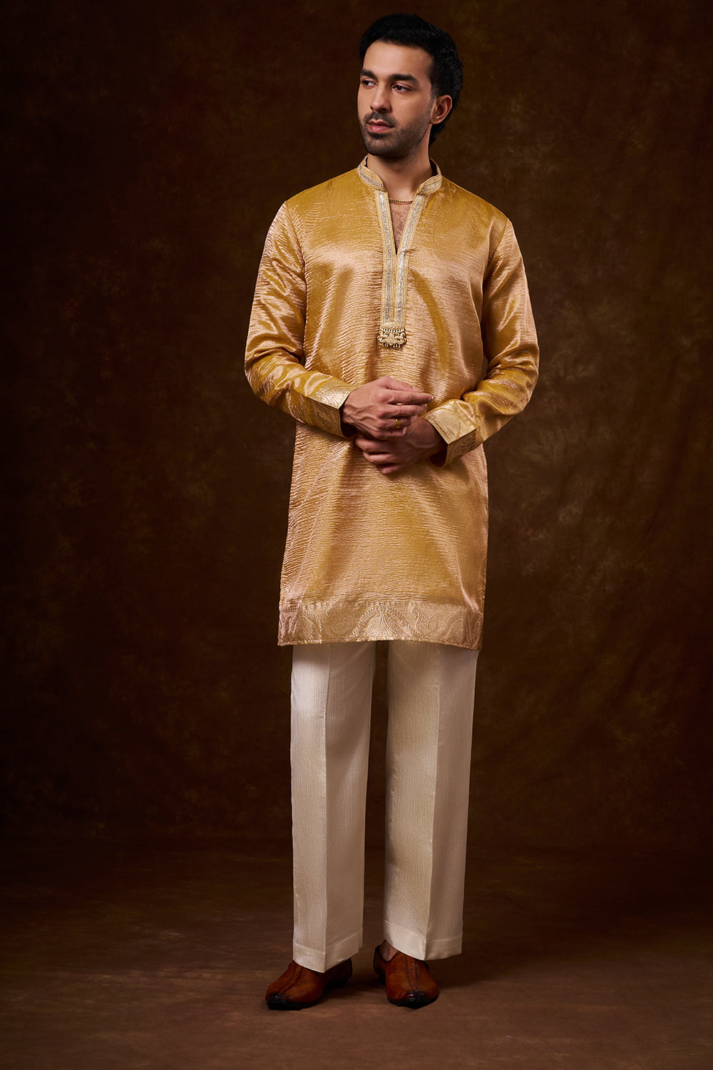 Mustard Tissue Silk Men's Kurta Set with Lace Detailing