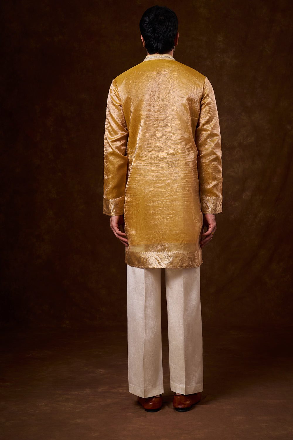 Mustard Tissue Silk Men's Kurta Set with Lace Detailing