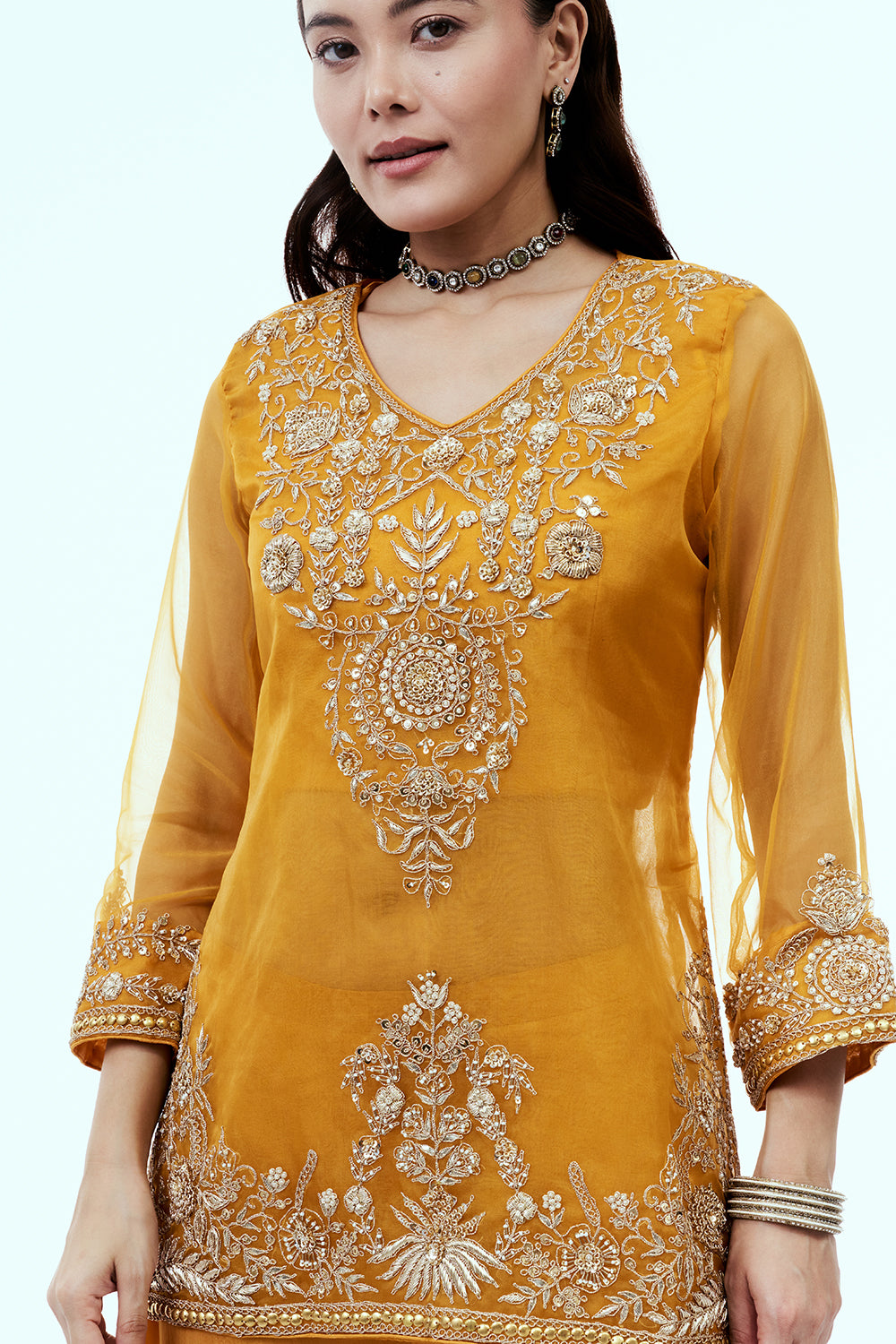 Mustard Uppada Silk Suit Set with Zardosi Work