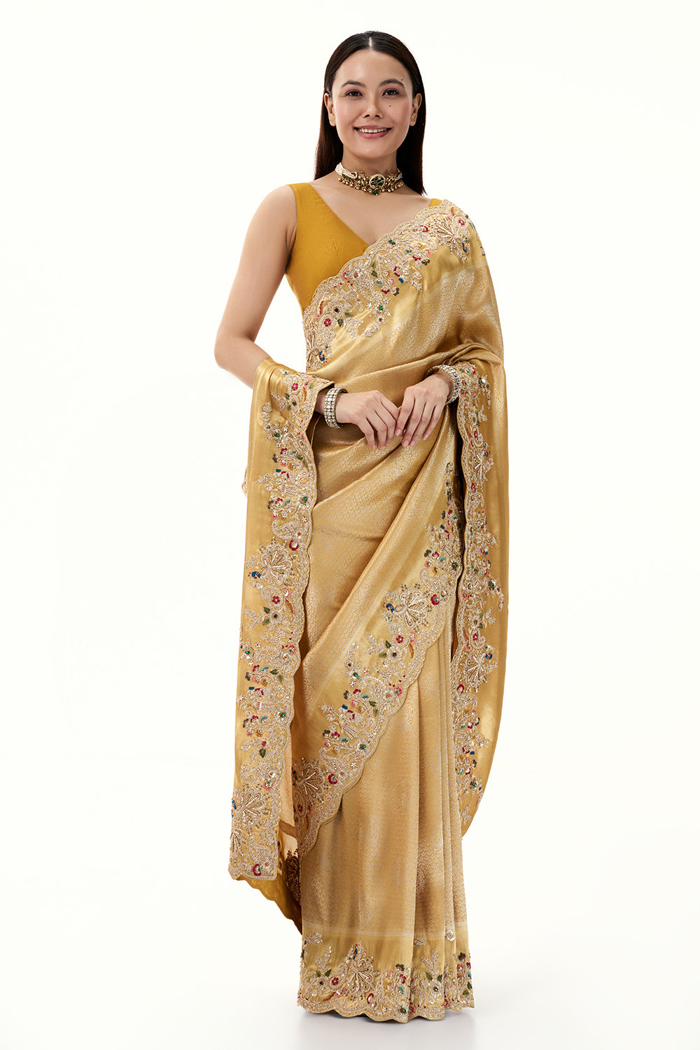 Mustard Woven Brocade Silk Saree with Zari and Resham Work