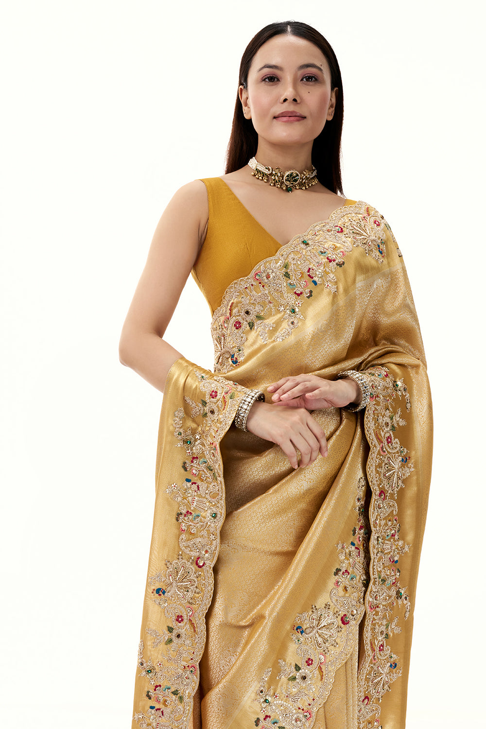 Mustard Woven Brocade Silk Saree with Zari and Resham Work