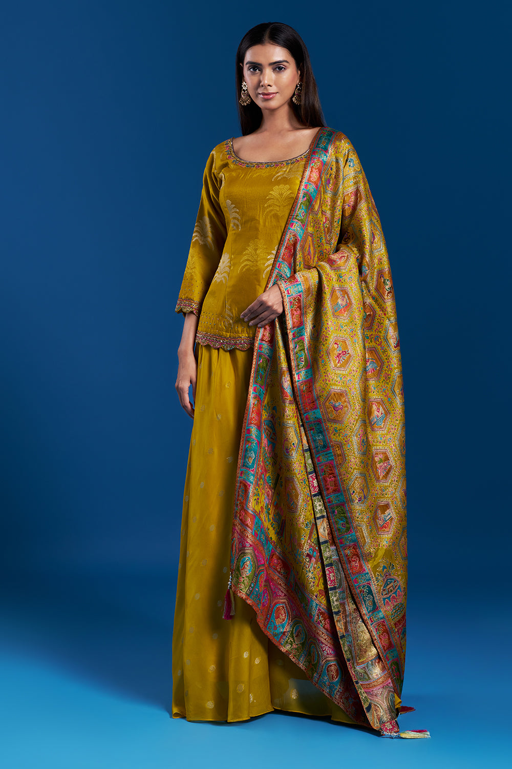 Mustard Yellow Banarasi Palazzo Set with Sequin Work