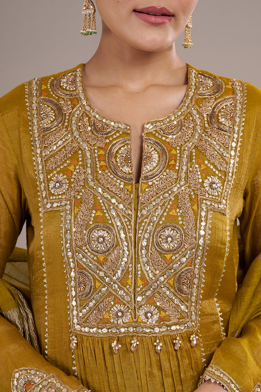 Mustard Yellow Chanderi Silk Anarkali Set with Beadwork
