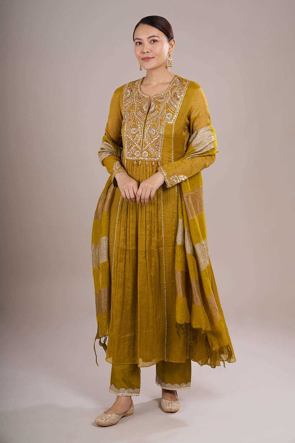 Mustard Yellow Chanderi Silk Anarkali Set with Beadwork