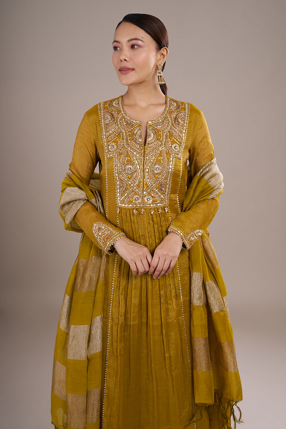Mustard Yellow Chanderi Silk Anarkali Set with Beadwork