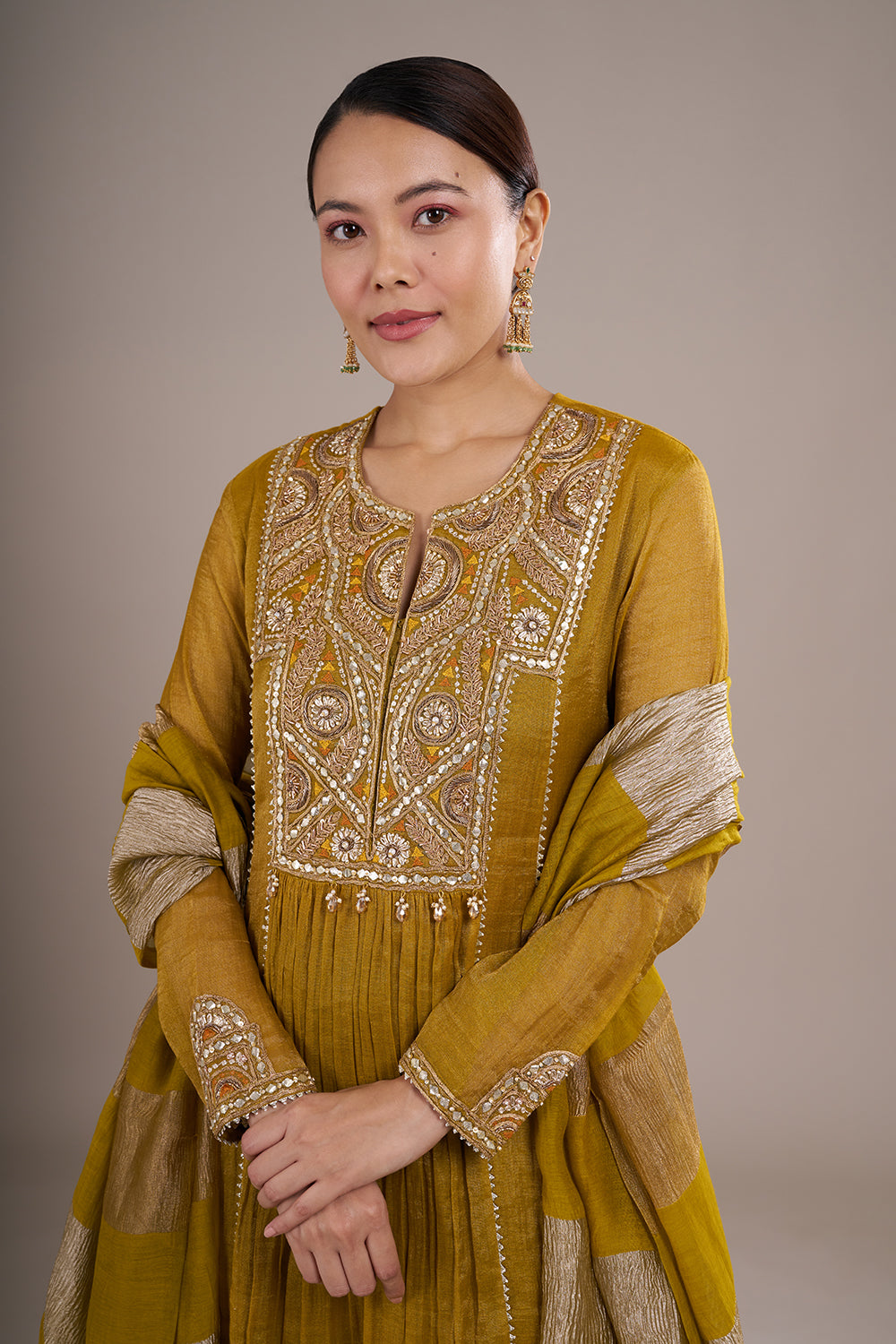Mustard Yellow Chanderi Silk Anarkali Set with Beadwork