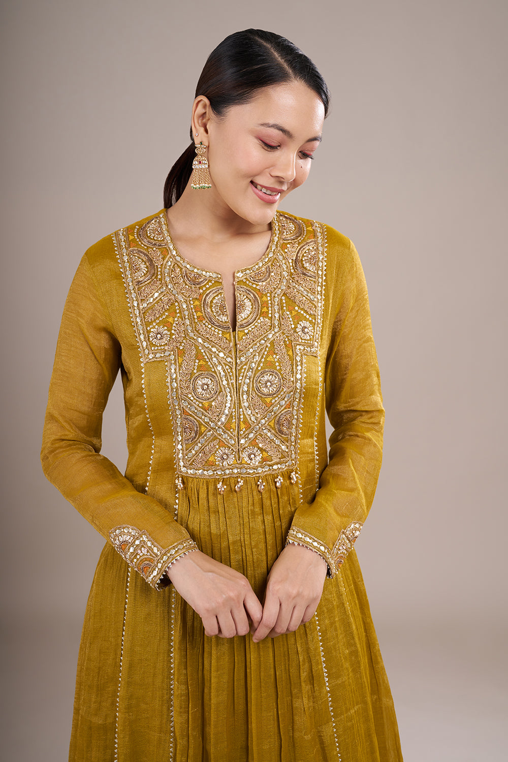 Mustard Yellow Chanderi Silk Anarkali Set with Beadwork