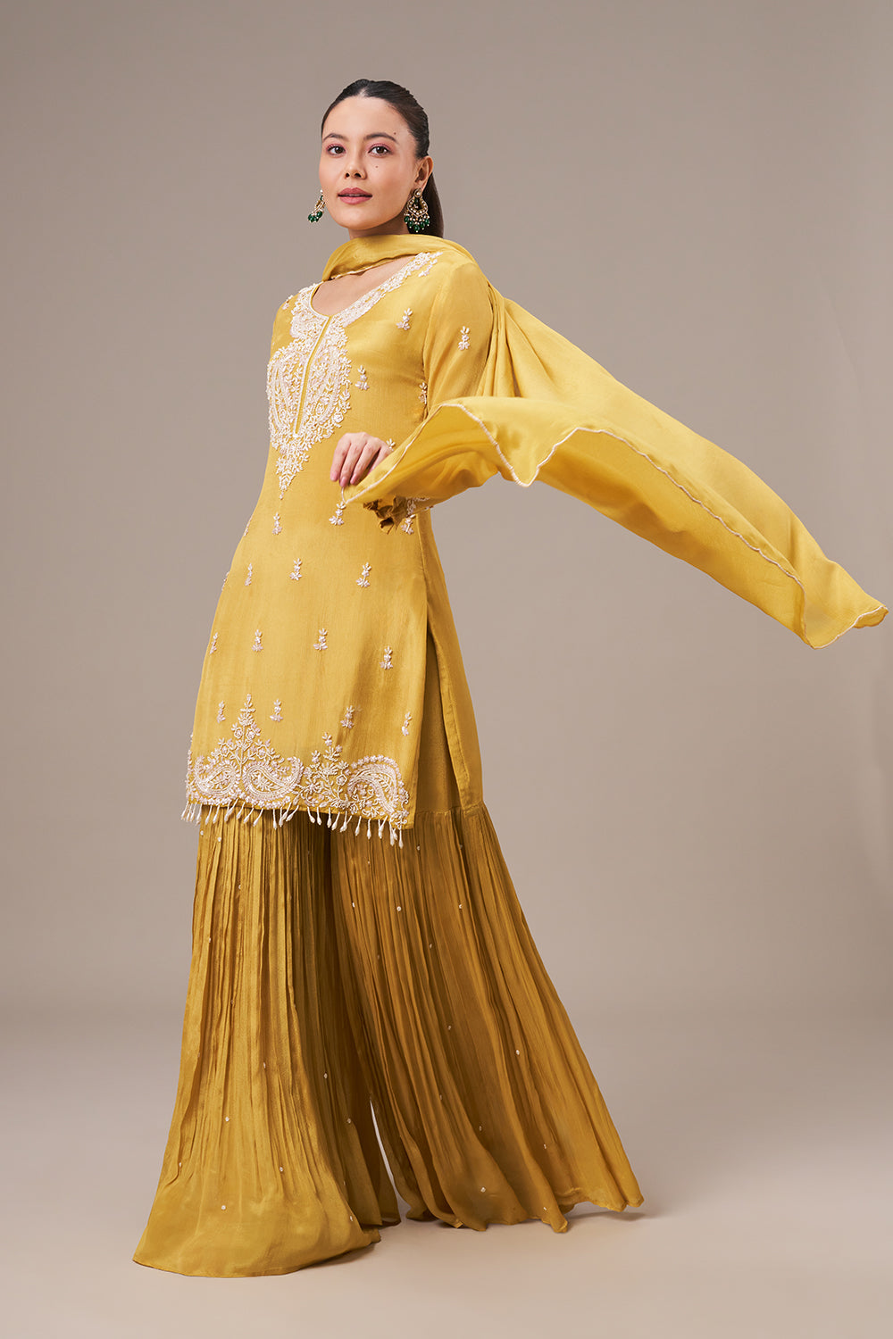 Mustard Yellow Chinon Sharara Suit with Pearl and Sequin Work