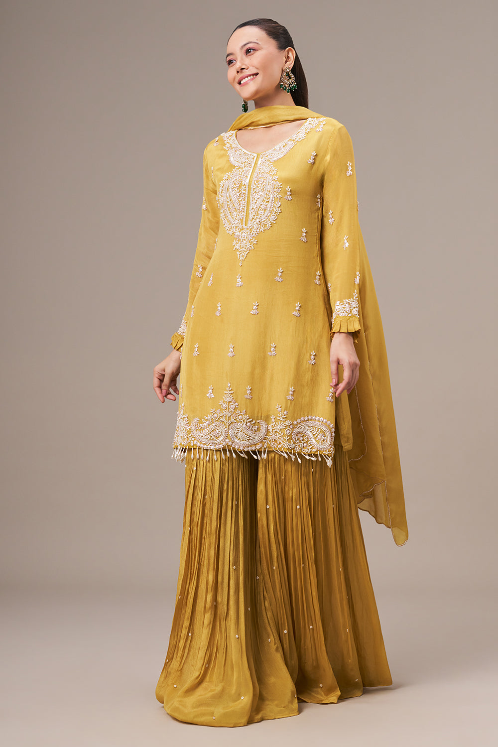 Mustard Yellow Chinon Sharara Suit with Pearl and Sequin Work