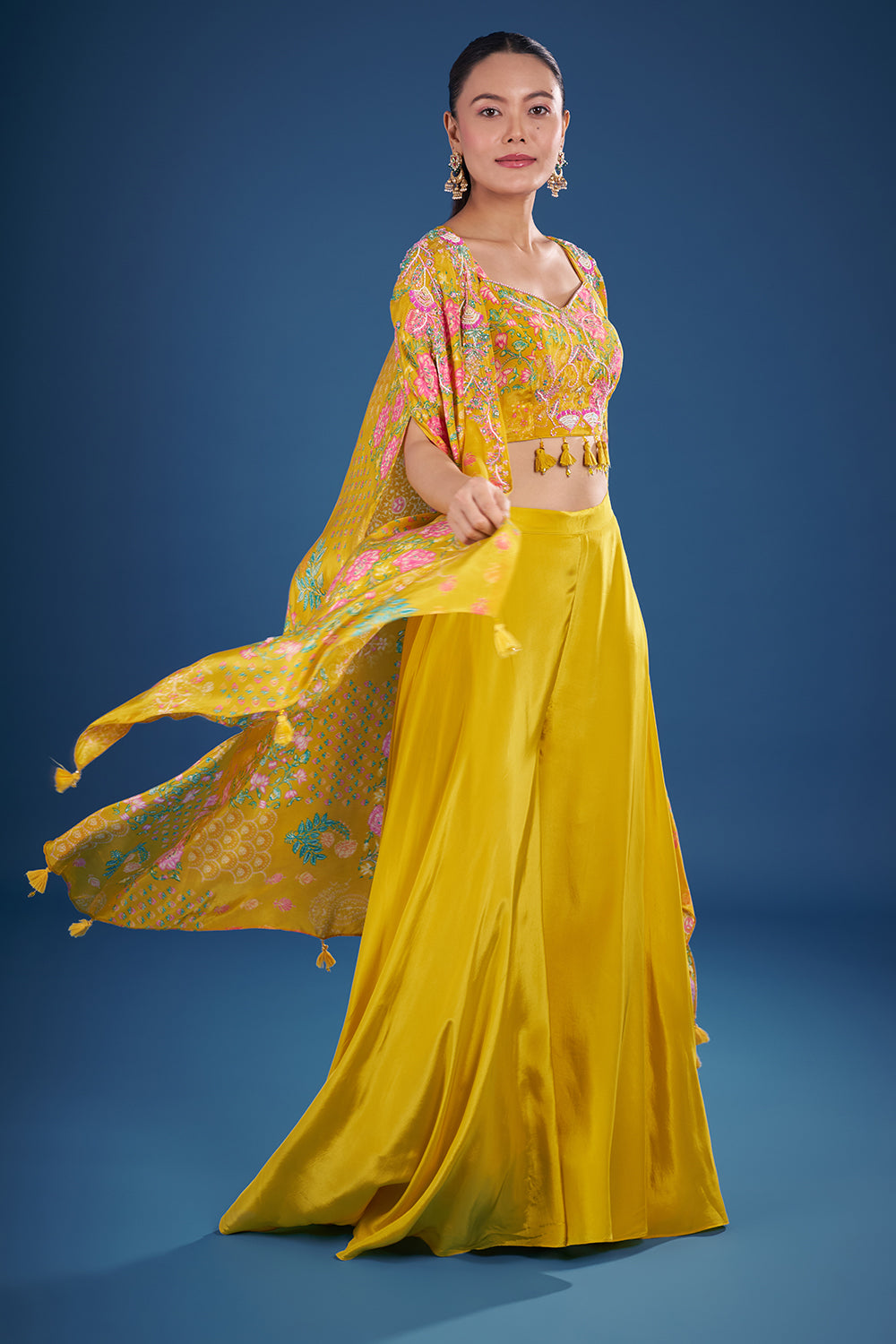 Mustard Yellow Crepe Cape Set with Floral Print and Embroidery