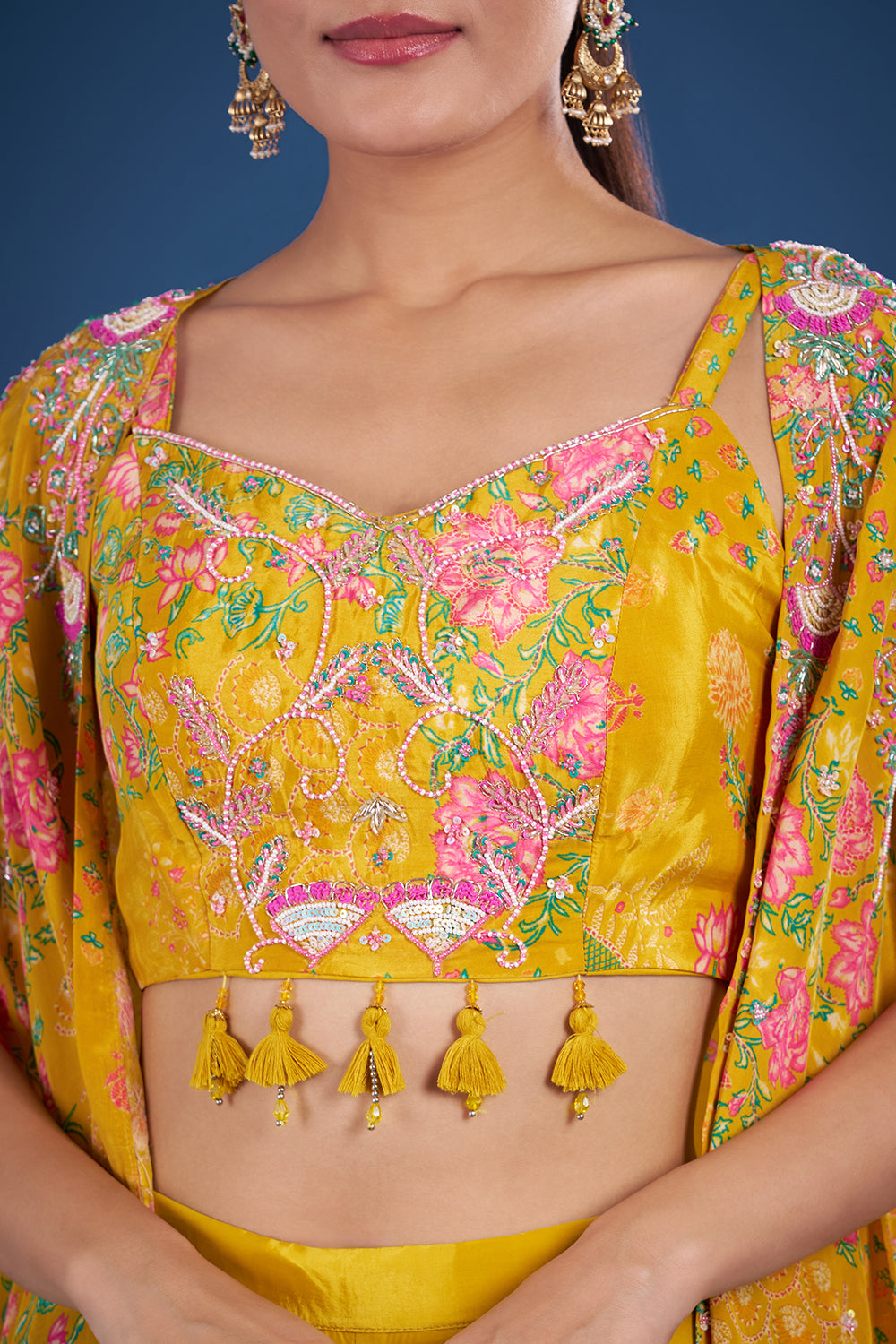 Mustard Yellow Crepe Cape Set with Floral Print and Embroidery
