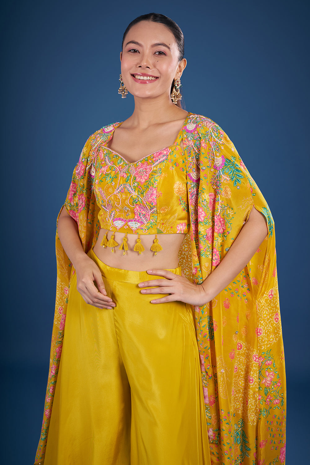 Mustard Yellow Crepe Cape Set with Floral Print and Embroidery