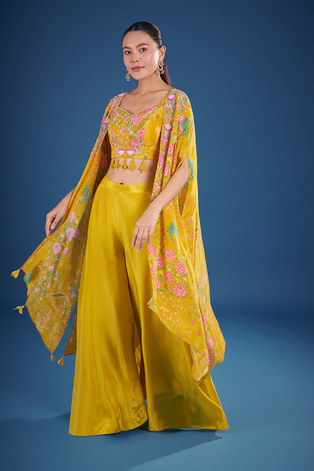 Mustard Yellow Crepe Cape Set with Floral Print and Embroidery