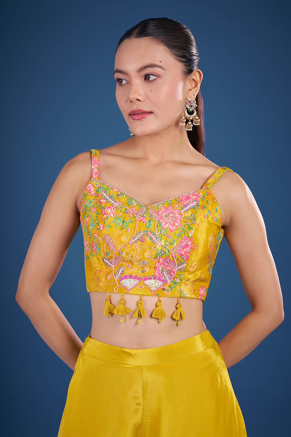 Mustard Yellow Crepe Cape Set with Floral Print and Embroidery