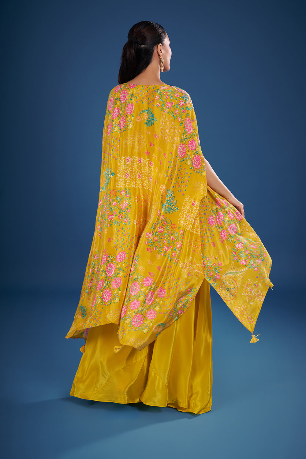 Mustard Yellow Crepe Cape Set with Floral Print and Embroidery