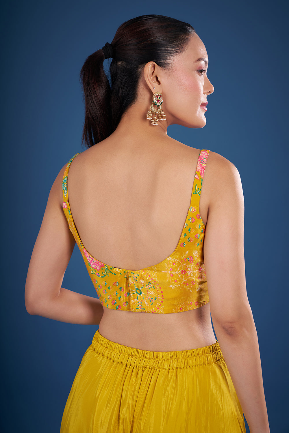Mustard Yellow Crepe Cape Set with Floral Print and Embroidery