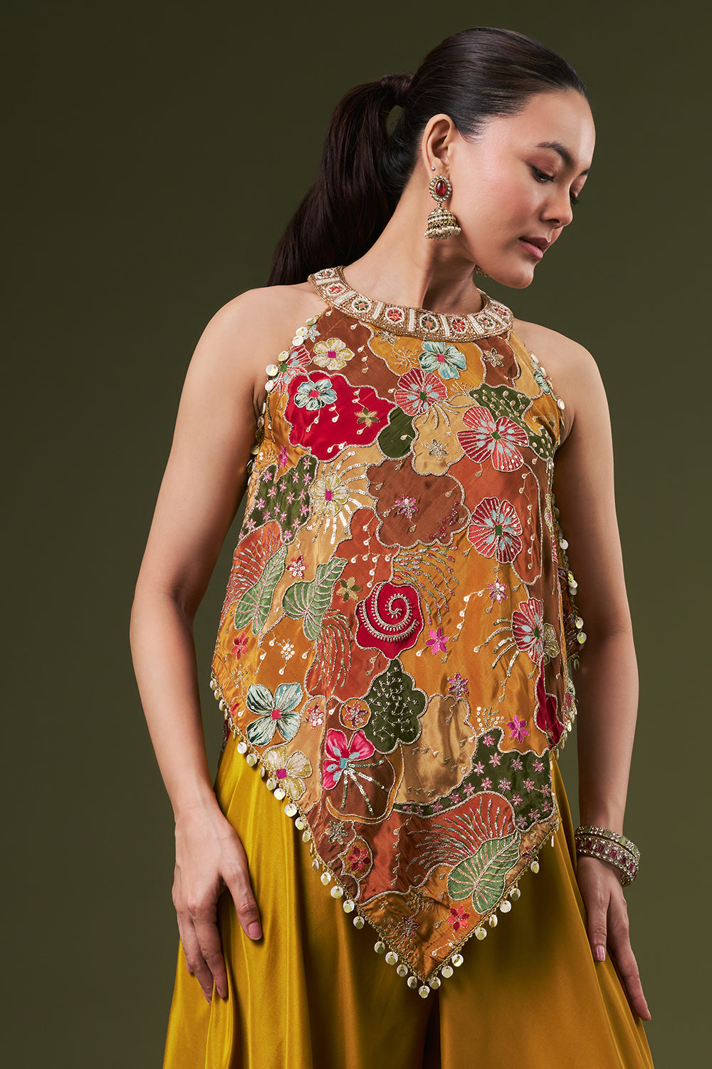 Mustard Yellow Crepe Coord Set with Sequin and Zari Work