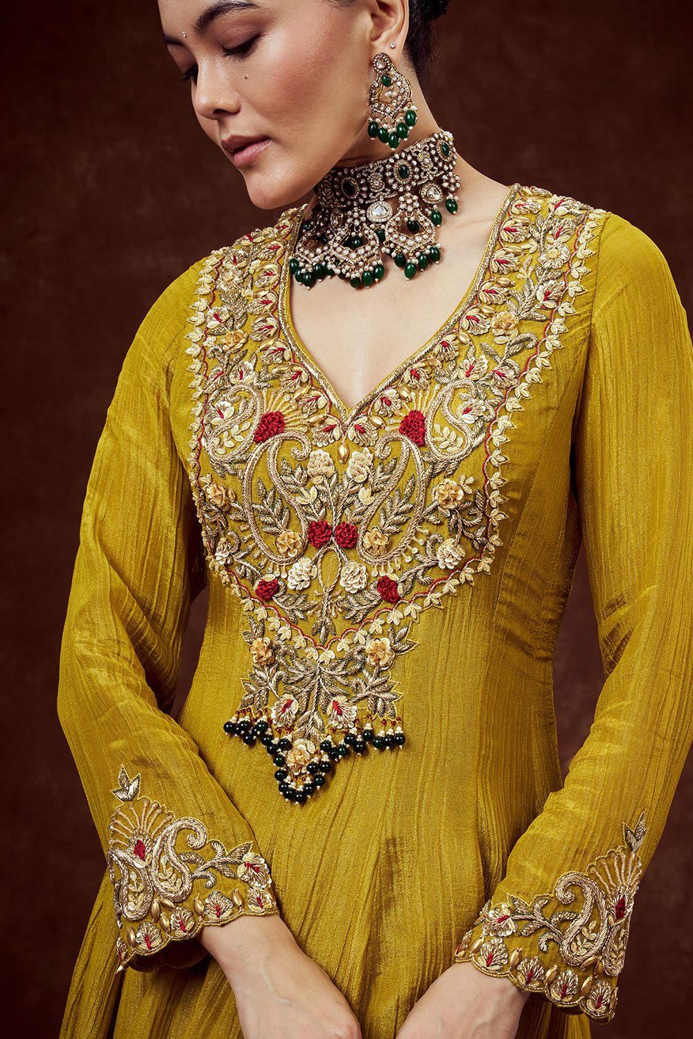 Mustard Yellow Crush Shimmer Gown with Cutdana Work