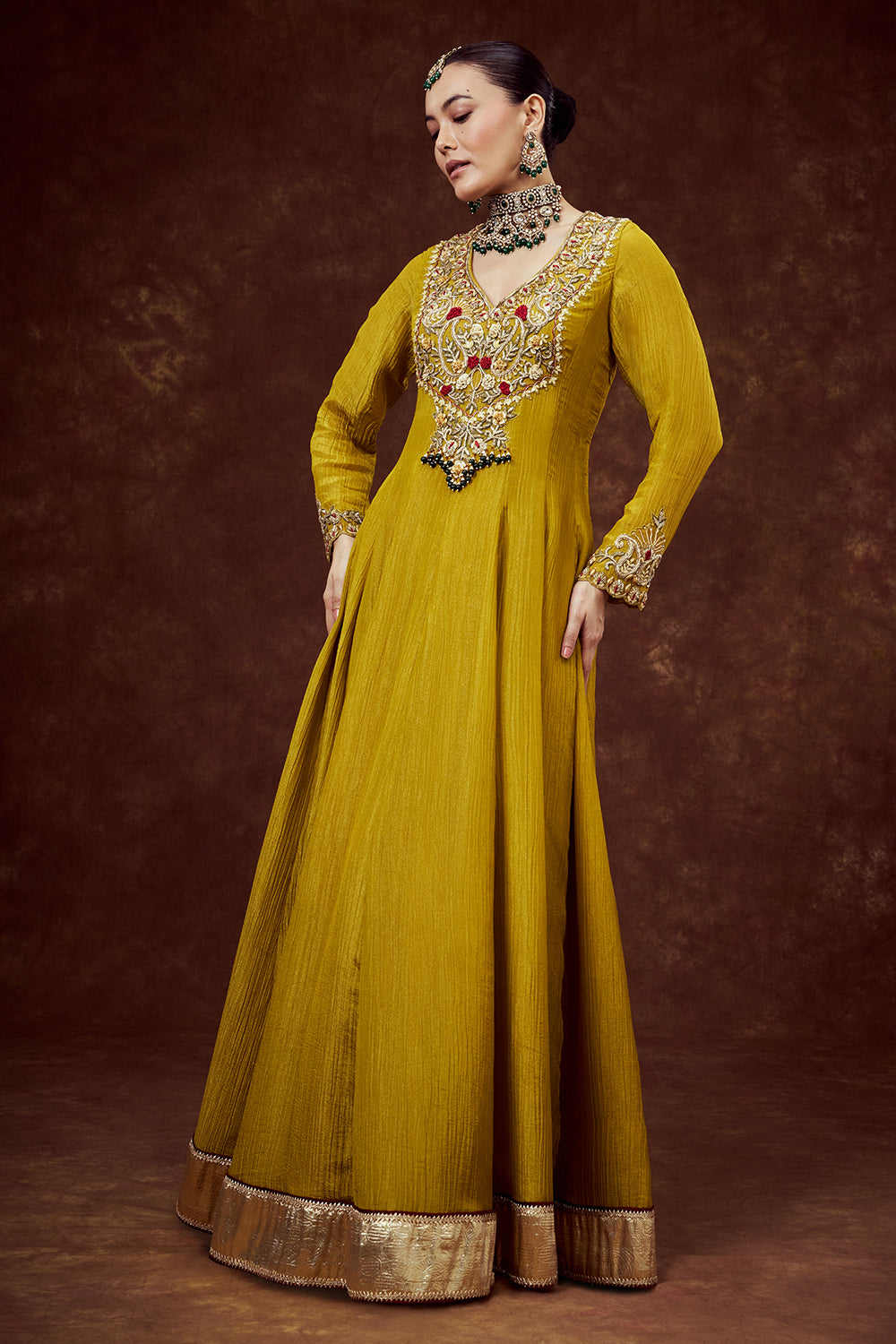 Mustard Yellow Crush Shimmer Gown with Cutdana Work