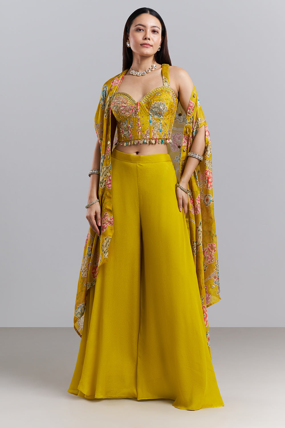 Mustard Yellow Embellished Bralette Palazzo Set with Floral Printed Cape